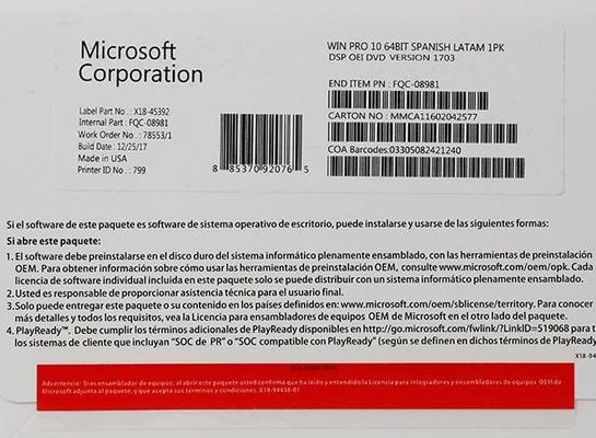 Pacchetto dell'OEM di Windows 10 al minuto della scatola di DVD del COA della licenza di FPP pro