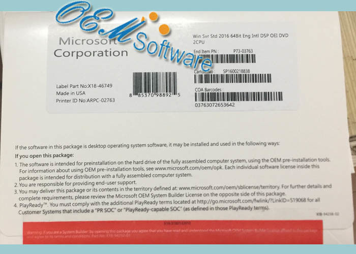 Licenza standard sigillata dell'autoadesivo di chiave del Coa del software dell'OEM R2 di Windows Server 2016 dell'imballaggio